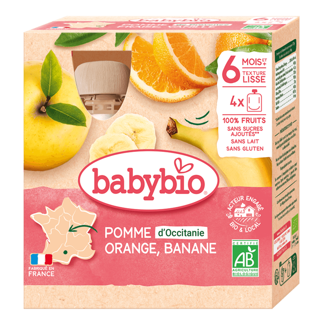 Babybio - ხილფაფა - ფორთოხალი, ბანანი და ვაშლი, 6 თვ, 90გ x 4ც (07.06.26)