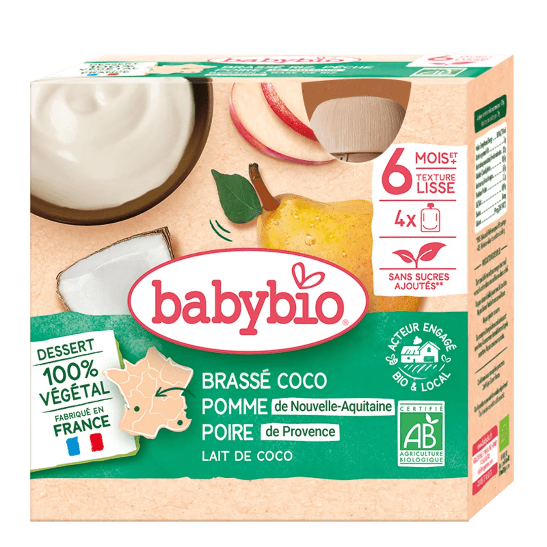 Babybio - ფრანგული იოგურტი ქოქოსის რძით, ვაშლით და მსხლით 6 თვ. 85გx4ც (22.07.26)