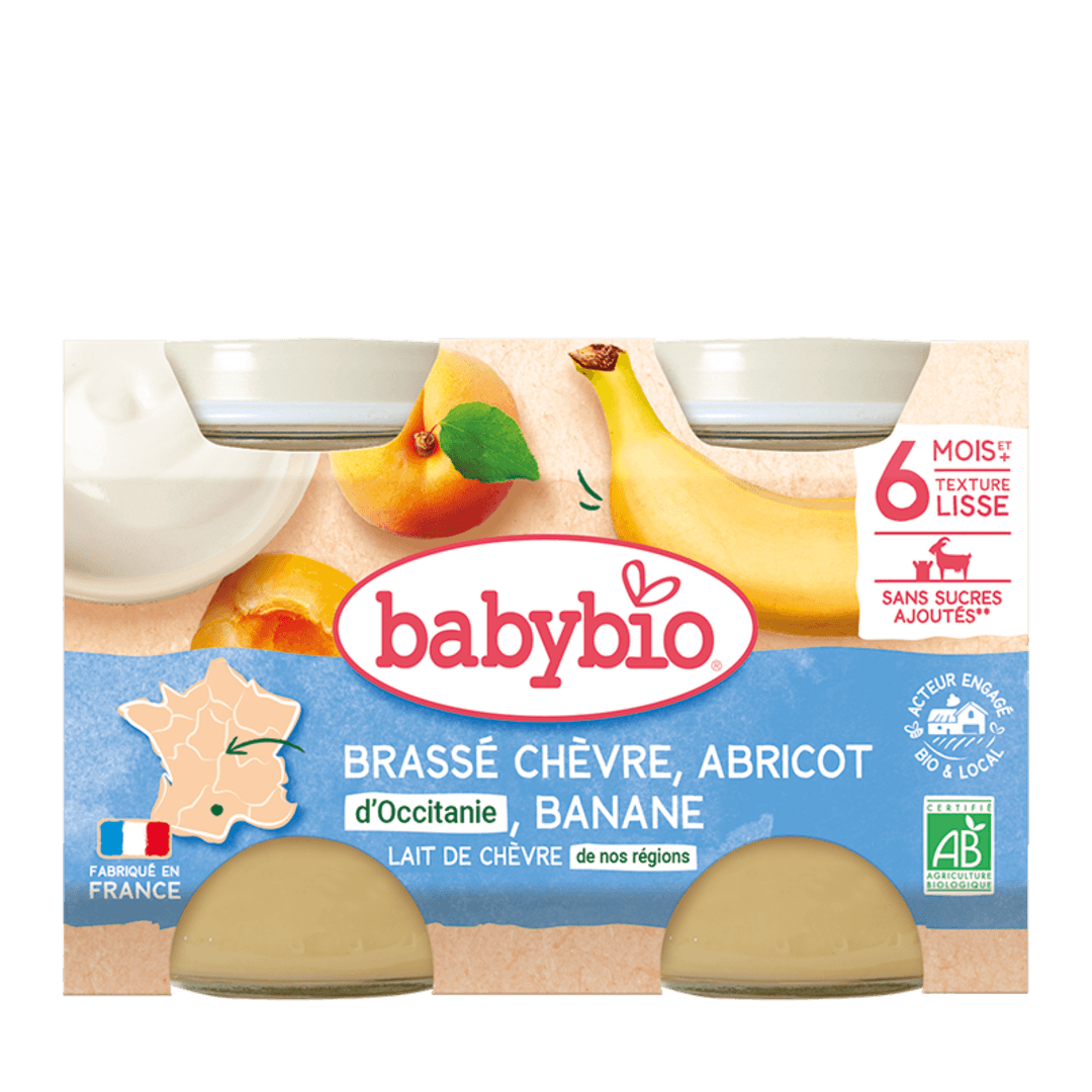 Babybio ფრანგული იოგურტი - თხის რძით, გარგარით და ბანანით, 6 თვ, 130გ. x 2ც.