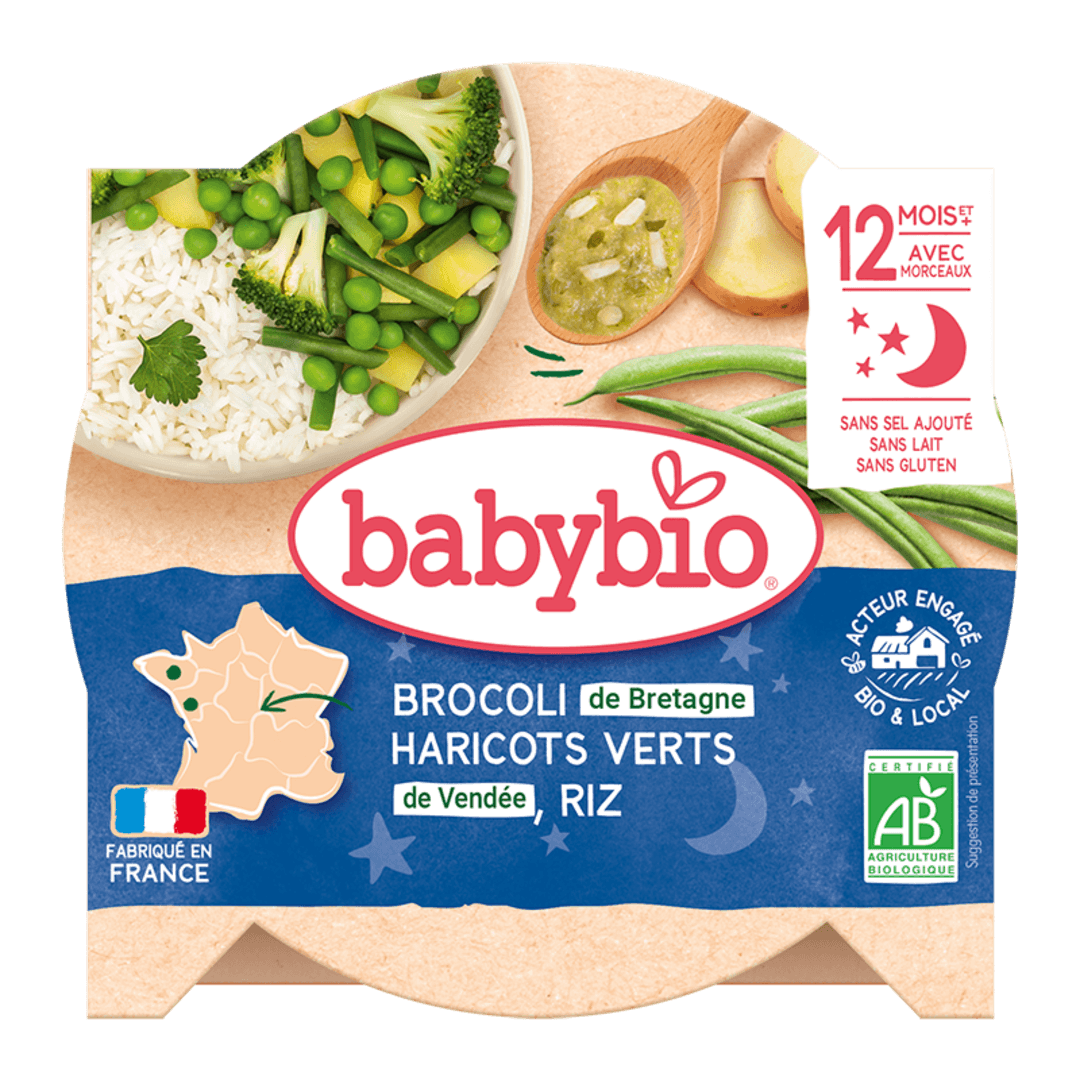 Babybio - მენიუ "ძილინებისა" - ძირთეთრა, ბროკოლი, მწვანე ლობიო, კარტოფილი, 12 თვ. 230 გ. (03.06.26)