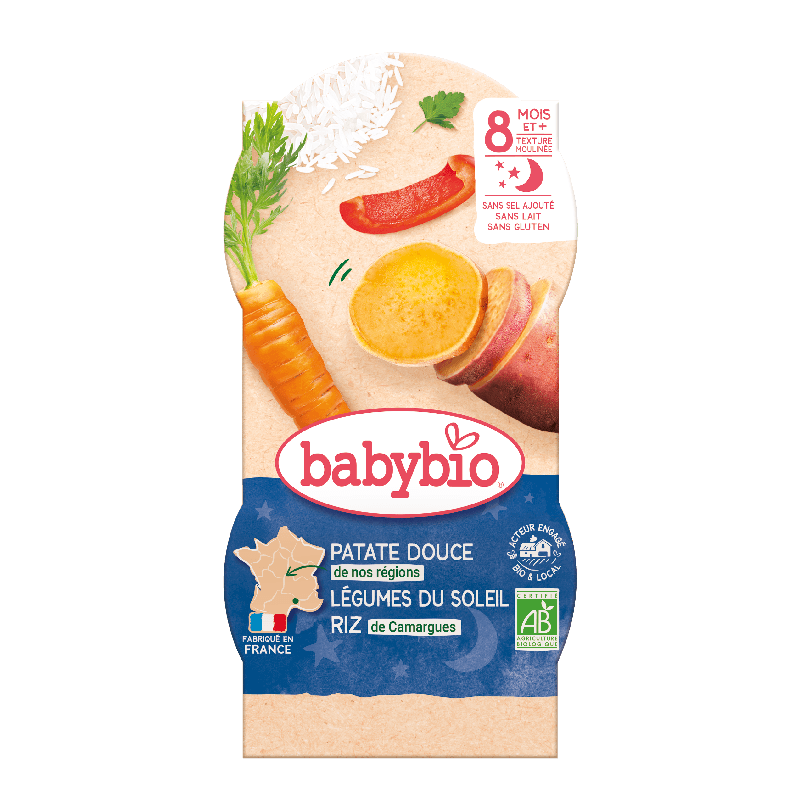 Babybio მენიუ "ძილინებისა" - ბატატი, სტაფილო და ტკბილი წიწაკა, 8 თვ. 200გ. x 2ც. (22.06.26)