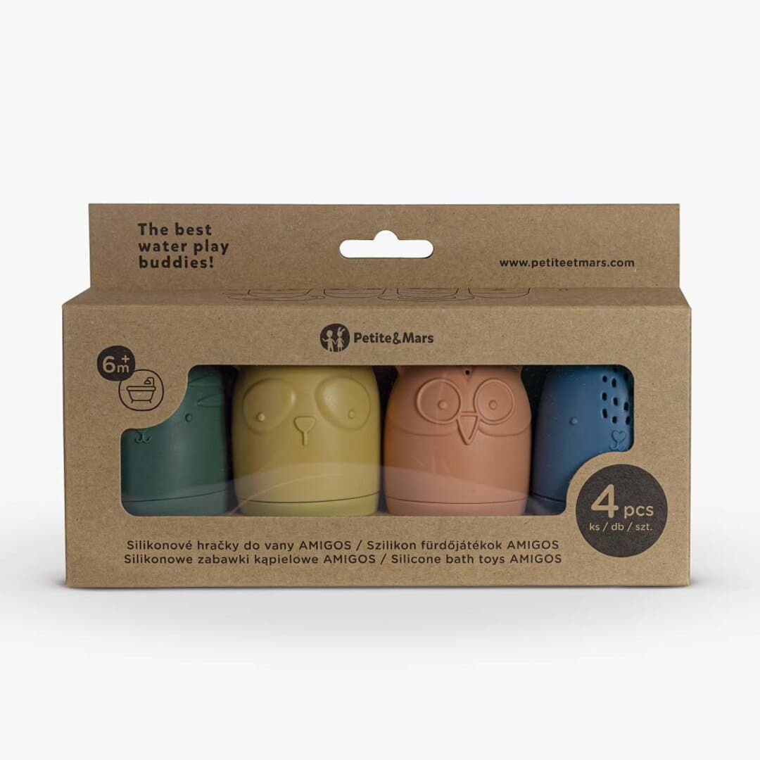 PETITE&MARS სათამაშოები აბაზანის სილიკონის AMIGOS, 6 თვიდან, 4ც
