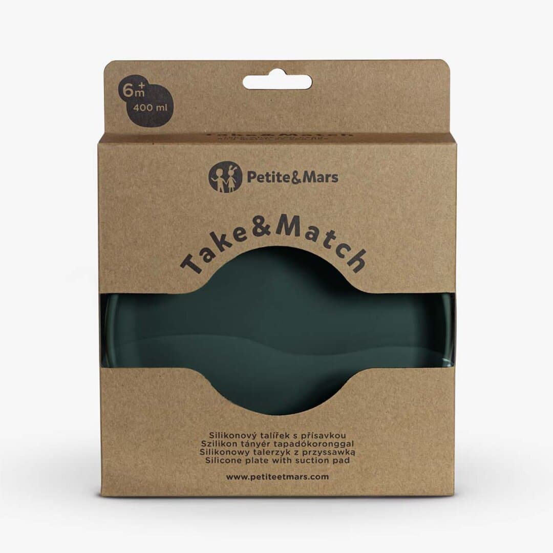 PETITE&MARS თეფში სილიკონის დასაკრობი ძირით TAKE&MATCH მწვანე, 6 თვიდან