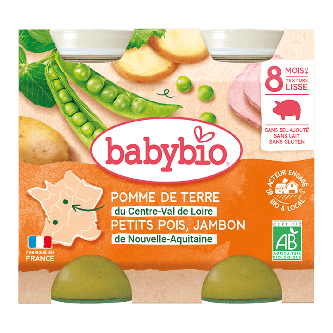 Babybio ლანჩ მენიუ - ორთქლზე მოთუშული ბოსტნეულის პოტე ბეკონით, 8 თვ. 200გ. x 2ც.