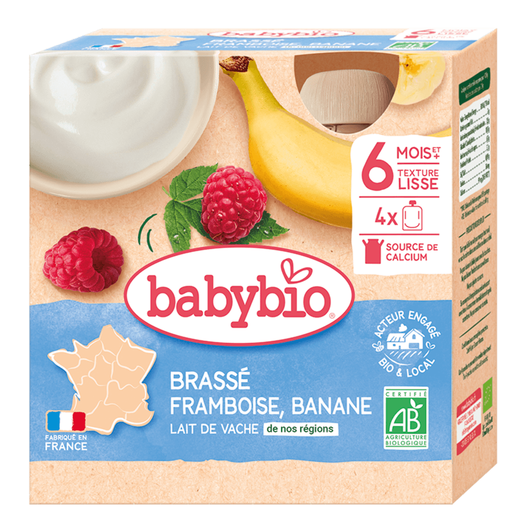 Babybio - ფრანგული იოგურტი ძროხის რძით, ჟოლო და ბანანით 6 თვ, 85გ x 4ც (25.04.26)