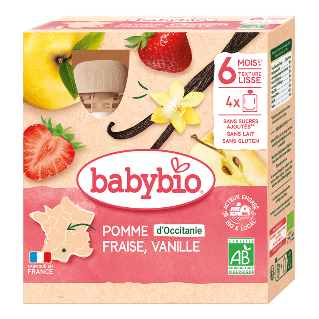 Babybio ხილფაფა - მარწყვი და ვაშლი ვანილით, 6 თვ, 90გ. x 4ც. (27.06.26)