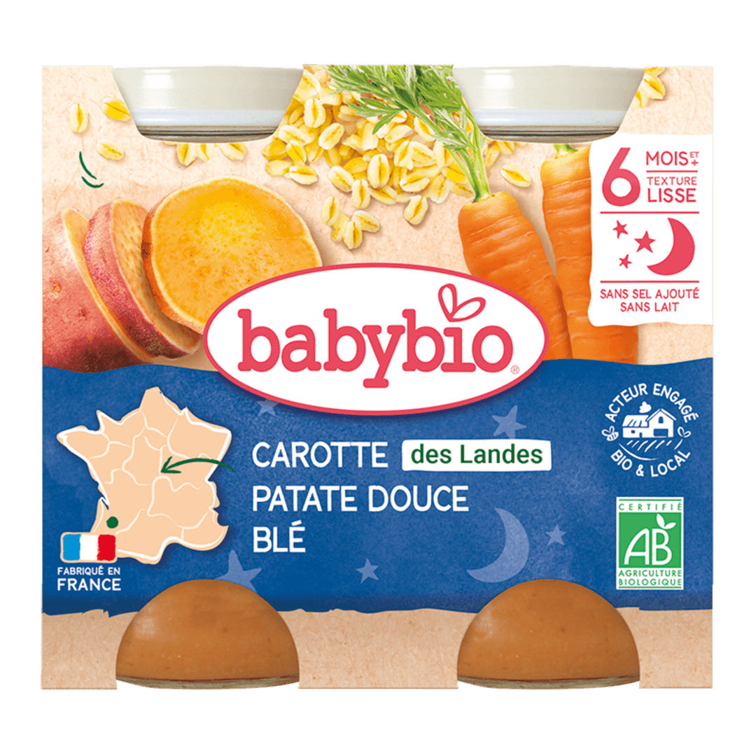 "Babybio" მენიუ "ძილინებისა" - სტაფილო და ბატატი ხორბლით, 6 თვ. 200გ. x 2ც.