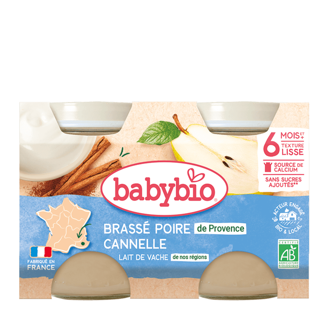 Babybio ფრანგული იოგურტი - ძროხის რძით, მსხალი და დარიჩინი, 6თვ, 130გ x 2ც