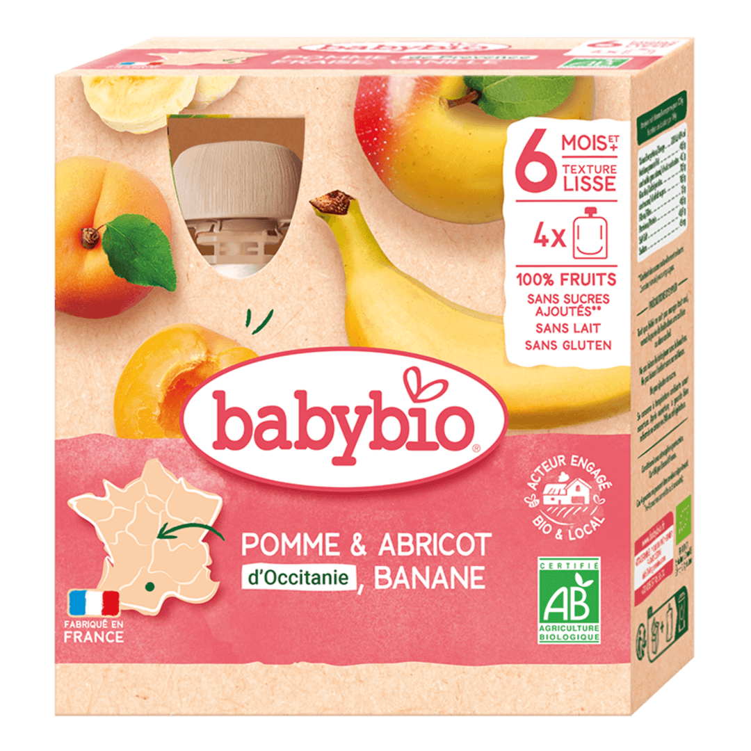 Babybio - ხილფაფა - გარგარი, ბანანი და ვაშლი, 6 თვ, 90გ x 4ც