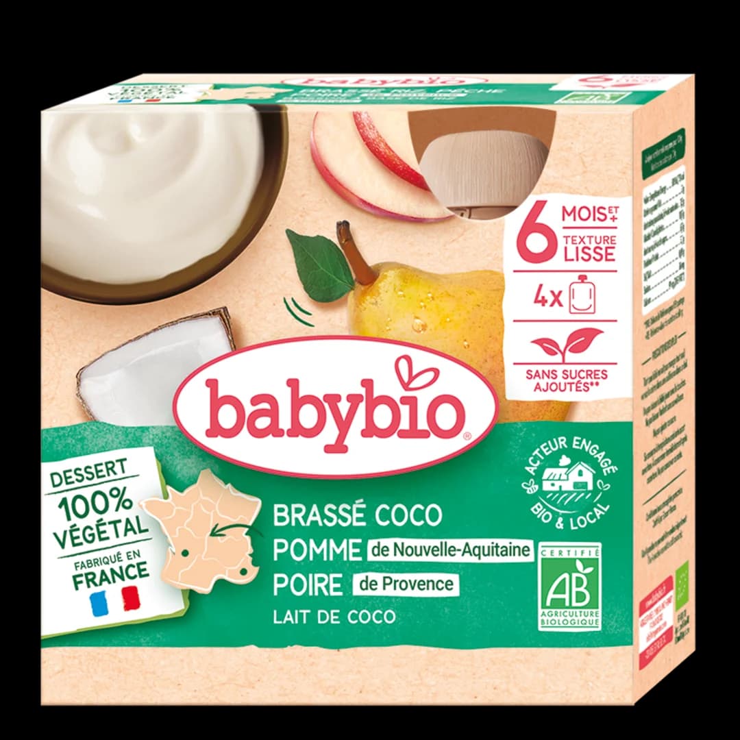 Babybio - ფრანგული იოგურტი ქოქოსის რძით, ვაშლით და მსხლით 6 თვ. 85გx4ც