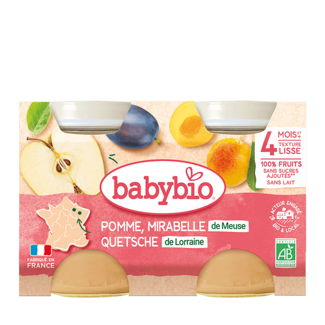 Babybio კონფიტიური - ქლიავი "მირაბელი" და ვაშლი, 4 თვ, 130გ. x 2ც.