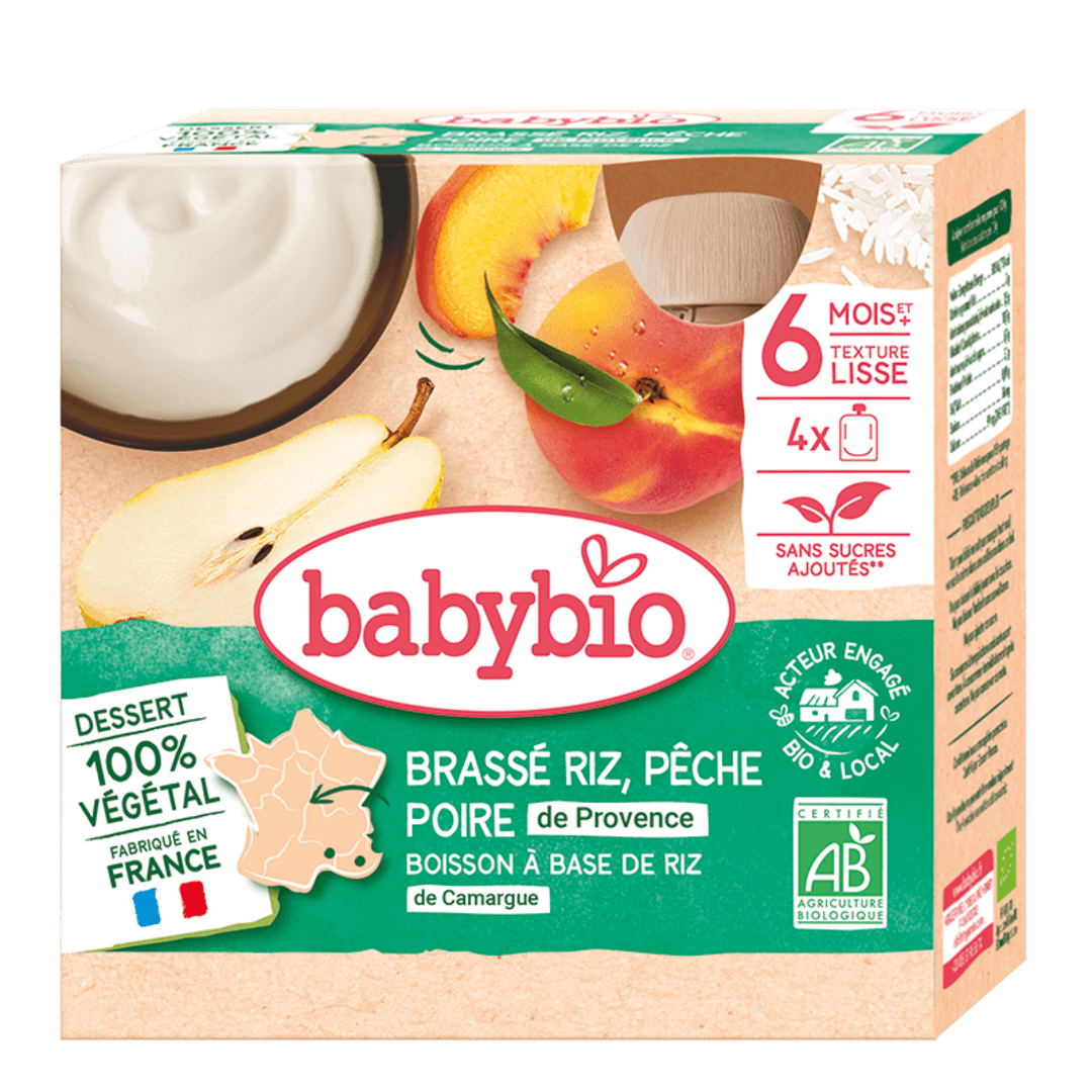 Babybio ფრანგული იოგურტი ბრინჯის რძით, მსხლით და ატმით, 6 თვ, 85 გ x 4 ც (28.04.26)