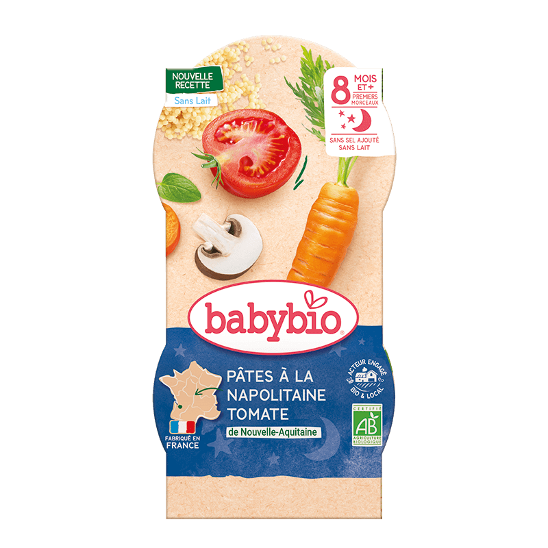 Babybio მენიუ "ძილინებისა" - ნეაპოლიტანური პასტა სოკოთი და პარმეზანით, 8 თვ. 200გ. x 2ც. (22.07.26)