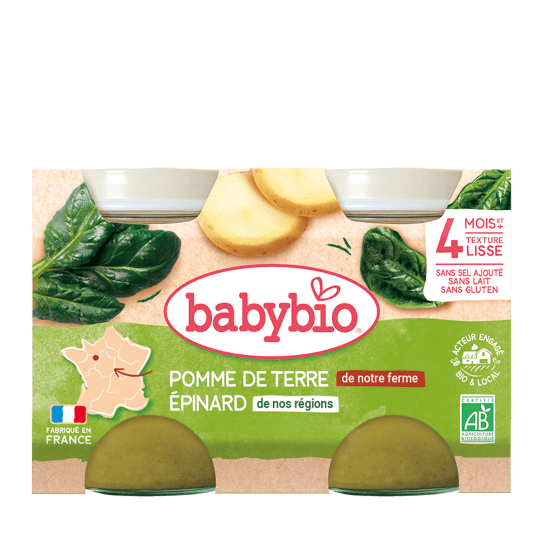 Babybio - ლანჩ მენიუ - ისპანახი და კარტოფილი, 4 თვ, 130გ x 2ც