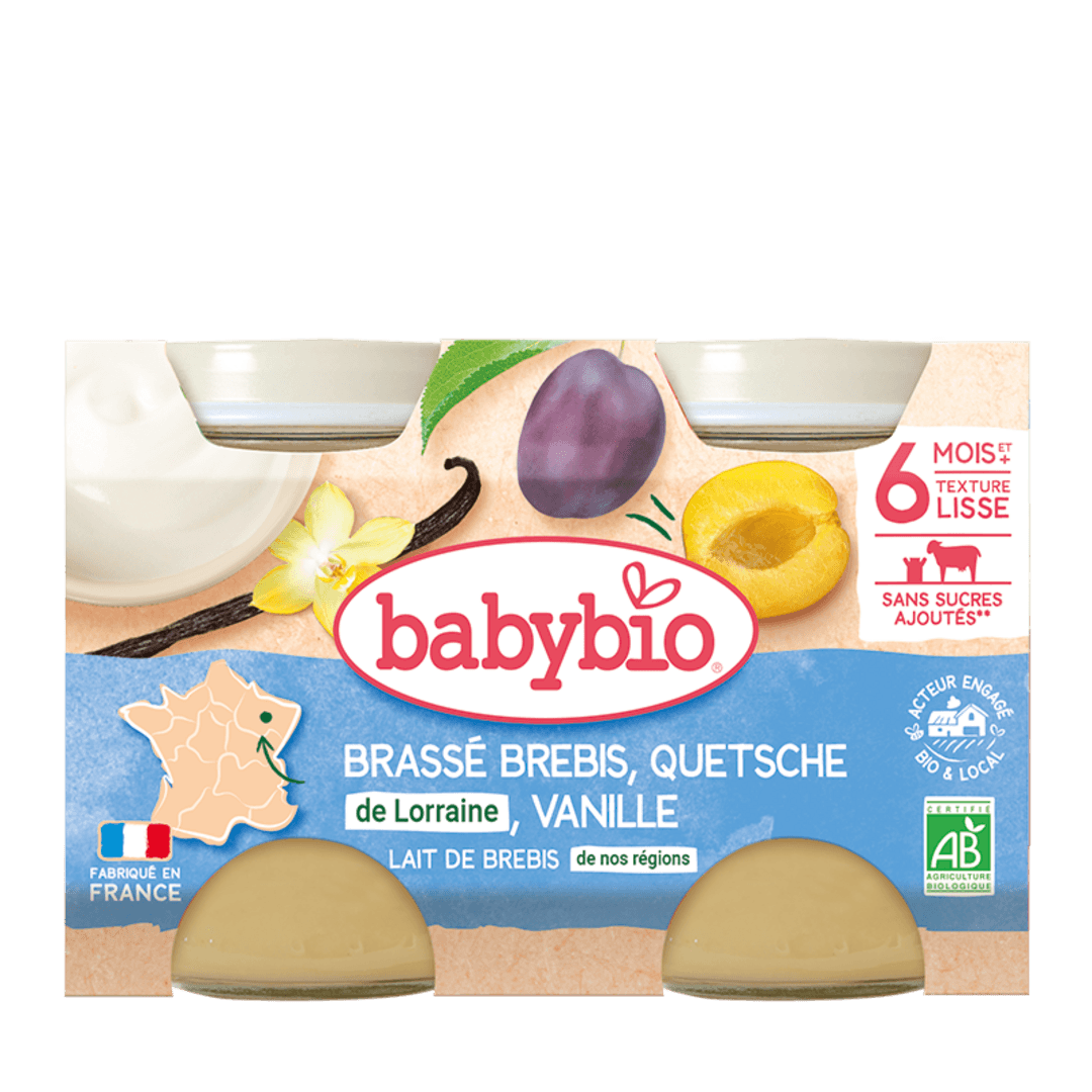 Babybio - ფრანგული იოგურტი - ცხვრის რძით, ქლიავი "მირაბელით" და ვანილით, 6 თვ,130გ x 2ც