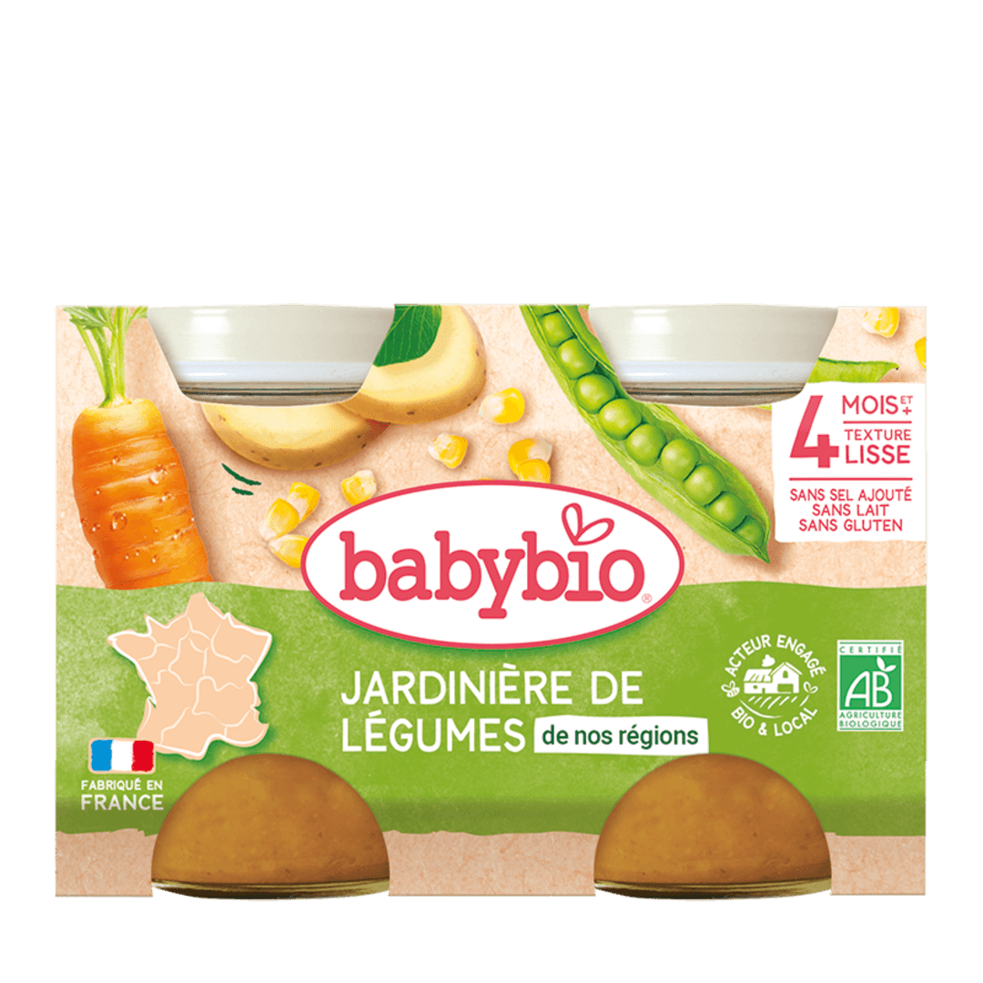 "Babybio" ლანჩ მენიუ - სიმინდი, ბარდა და სტაფილო ოხრახუშით, 4 თვ, 130გ x 2ც (05.06.26)