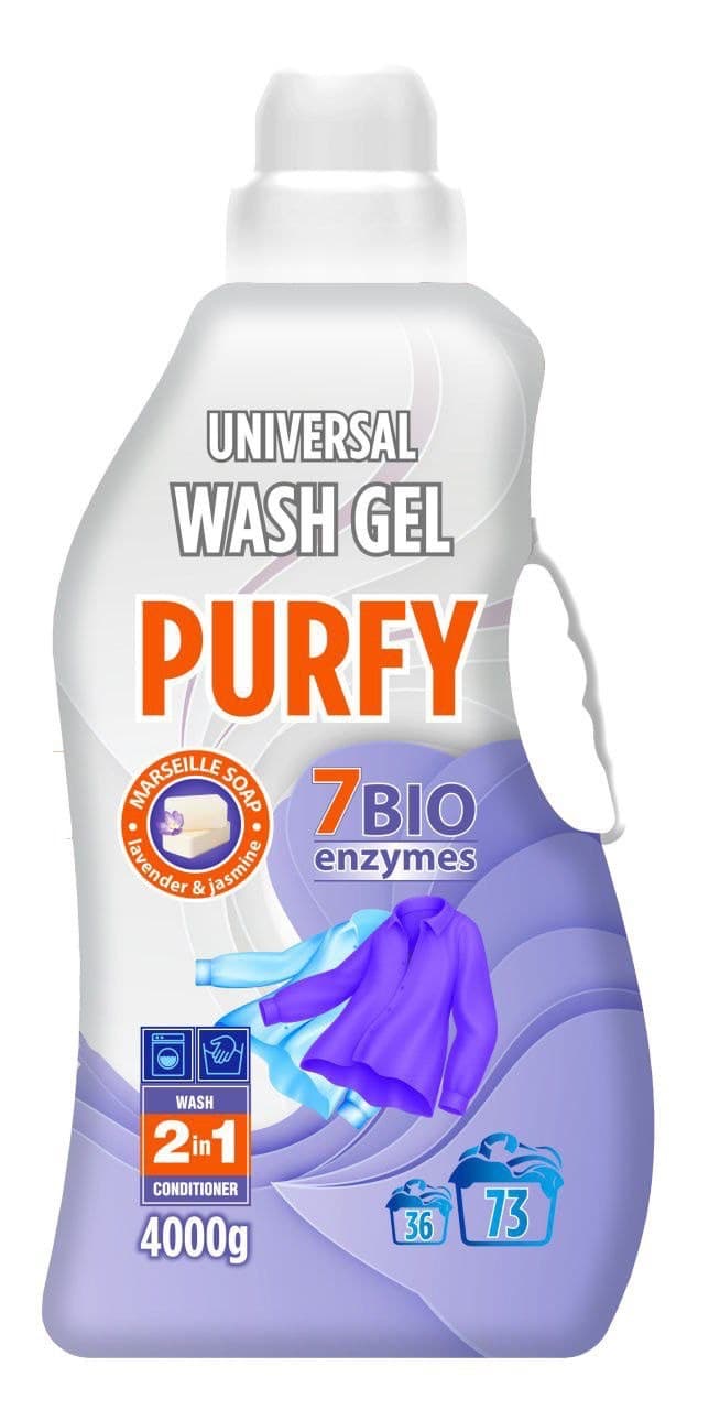 პურფი - სარეცხი გელი 2-1-ში. უნივერსალური. ლავანდა და ჟასმინი. მარსელის საპნით 4კგ