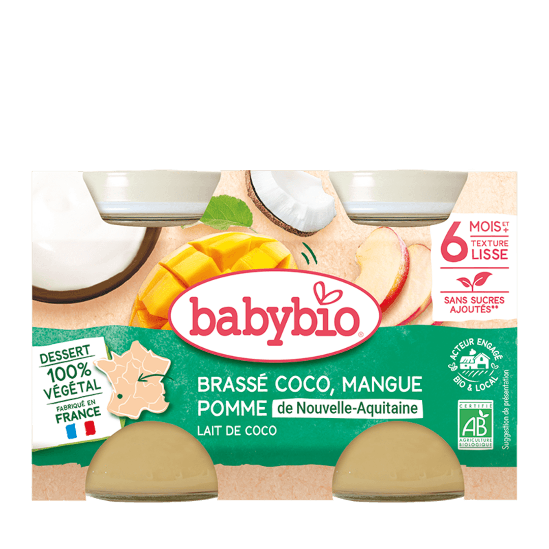 Babybio ფრანგული იოგურტი - ქოქოსის რძით და ტროპიკული ხილით, 6 თვ, 130გ. x 2ც.