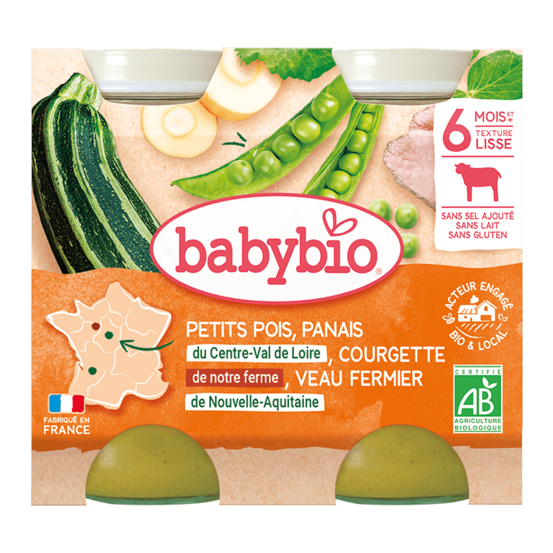 Babybio ლანჩ მენიუ - ხბოს ხორცი პროვანსულად ცუკინით, ძირთეთრათი და ბარდით, 6 თვ. 200გ. X 2ც.