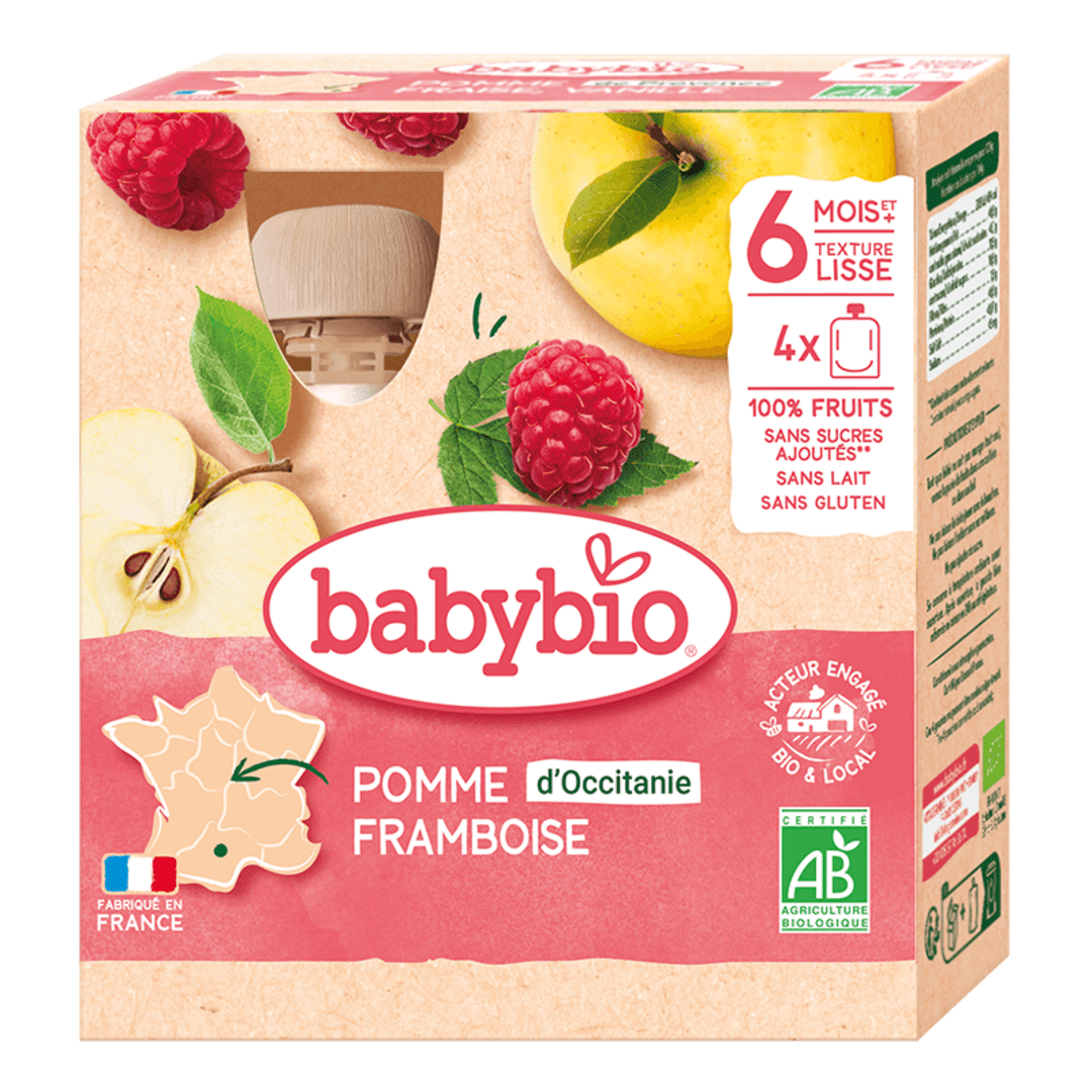 Babybio ხილფაფა - ჟოლო და ვაშლი, 6 თვ, 90გ. x 4ც. (21.08.26)