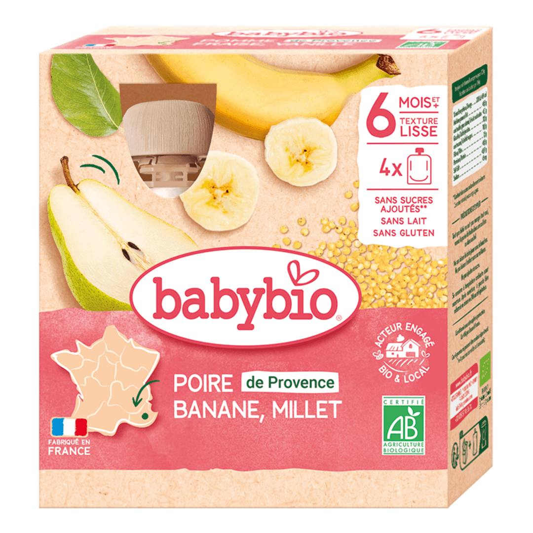 Babybio - ხილფაფა - მსხალი და ბანანი ფეტვით, 6 თვ, 90გ x 4ც