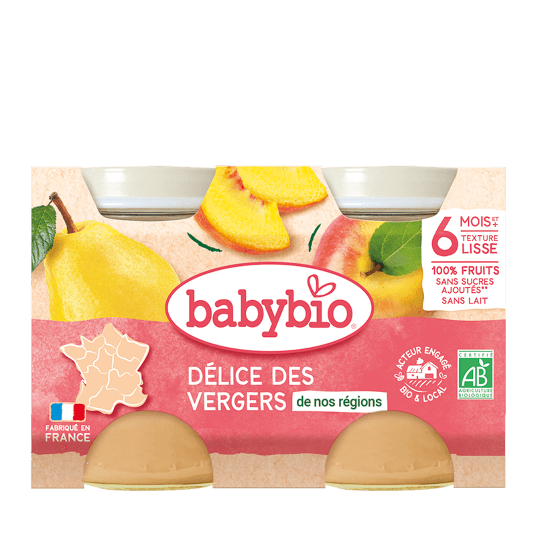 Babybio კონფიტიური - ატამი, მსხალი და ვაშლი, 6 თვ, 130გ. x 2ც. (12.08.26)