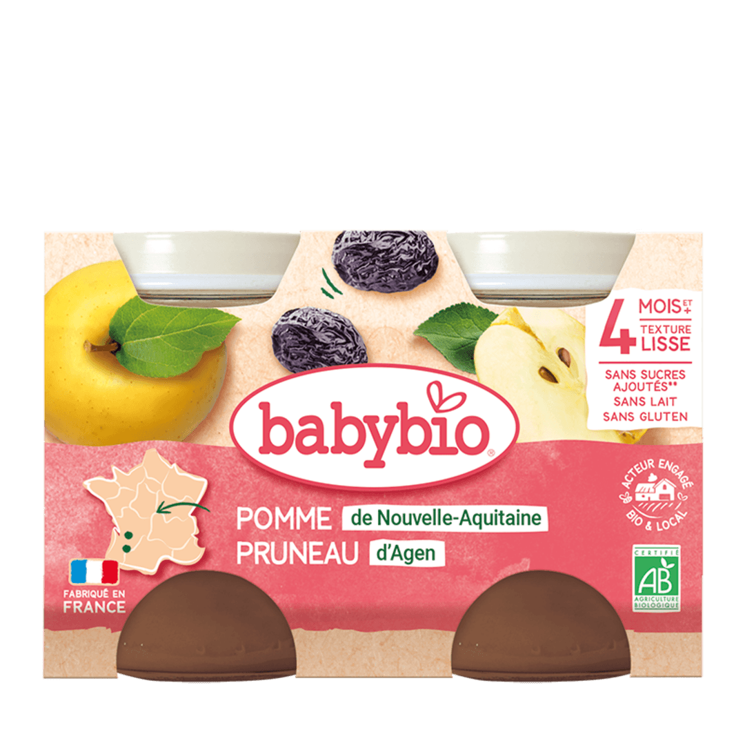 Babybio კონფიტიური - ქლიავი და ვაშლი, 4 თვ, 130გ. x 2ც.
