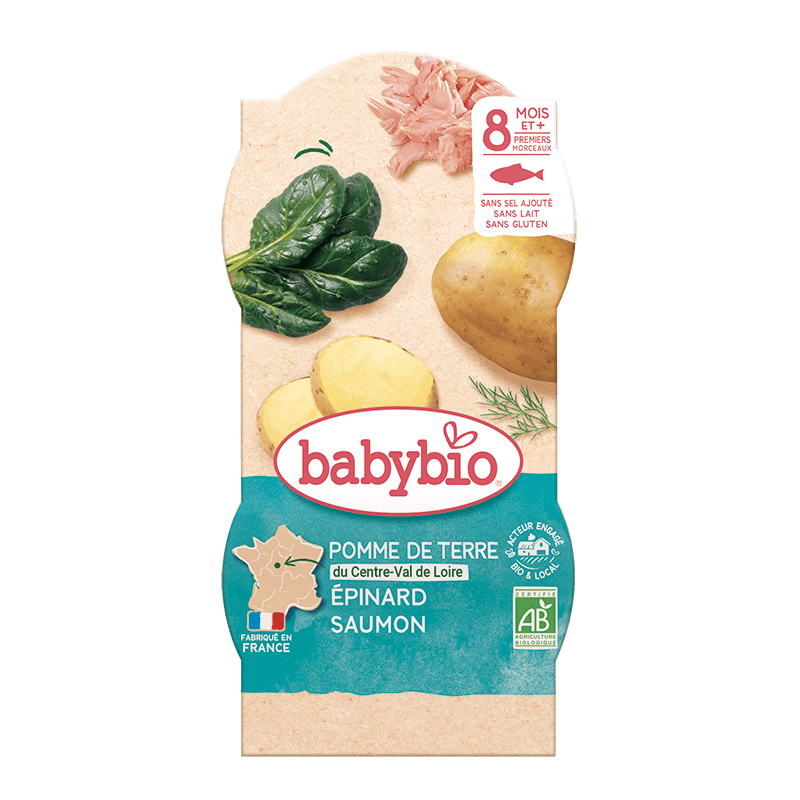 Babybio მზა სადილი - ორაგული ისპანახით, სტაფილოთი და კარტოფილით, 8 თვ. 200გ. x 2ც.