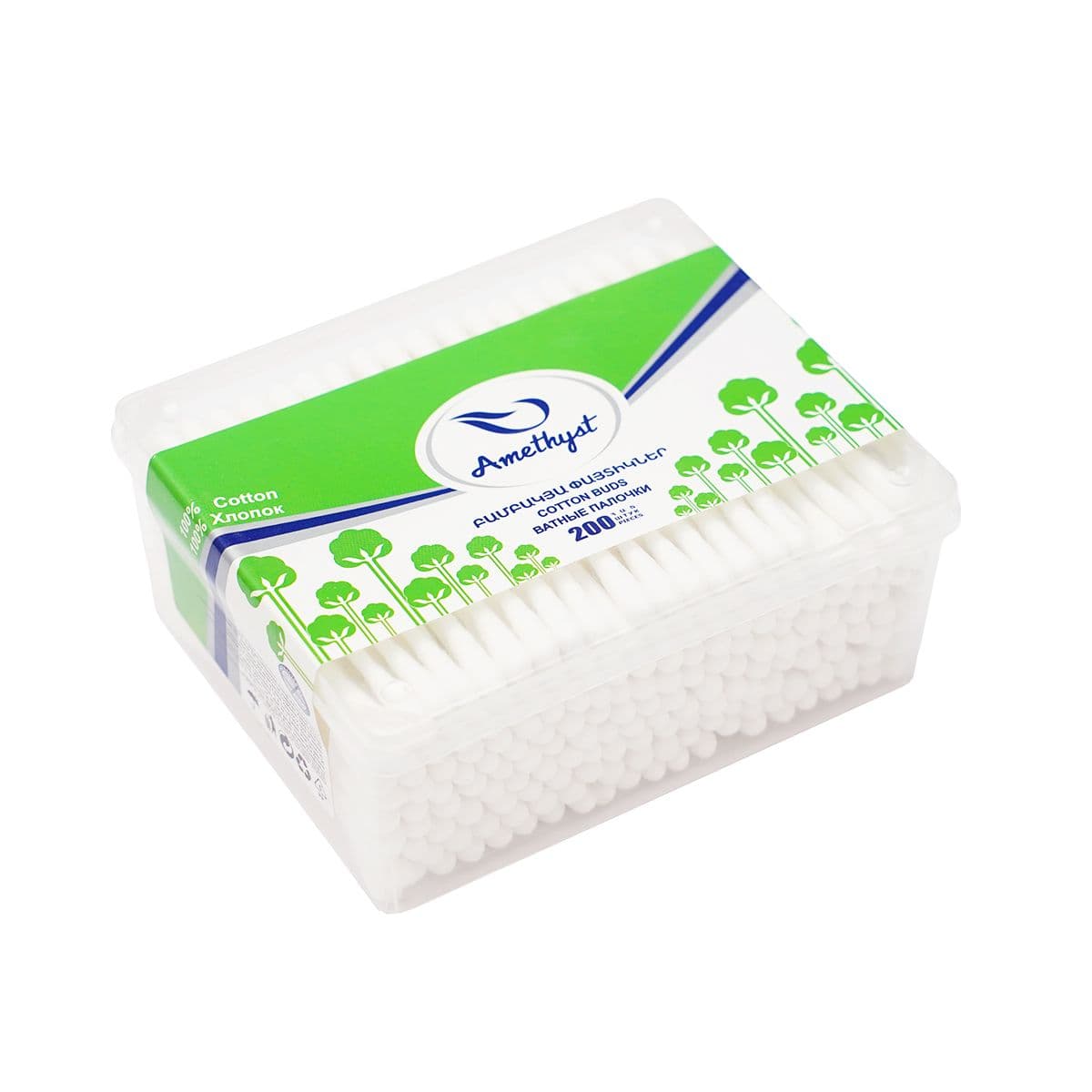 ბამბიანი ყურიის ჩხირი N200 ოთხკუთხა კოლოფი