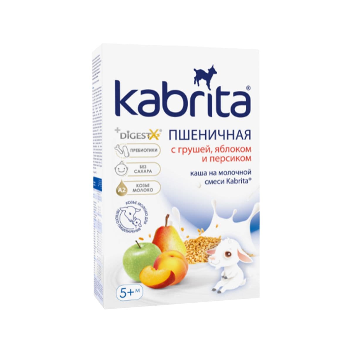 ფაფა თხის რძით ხორბალი ვაშლით და ატმით 5 თვიდან 180 გ 0960 კაბრიტა - Kabrita