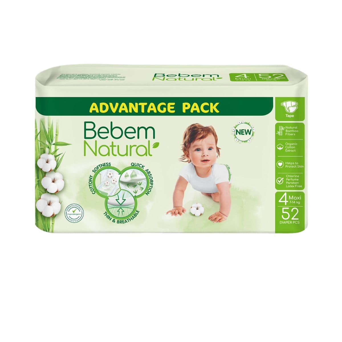 ბავშვის საფენები 7-14 კგ 52 ცალი 6307 ბებემ ნეიჩერალს - Bebem Natural