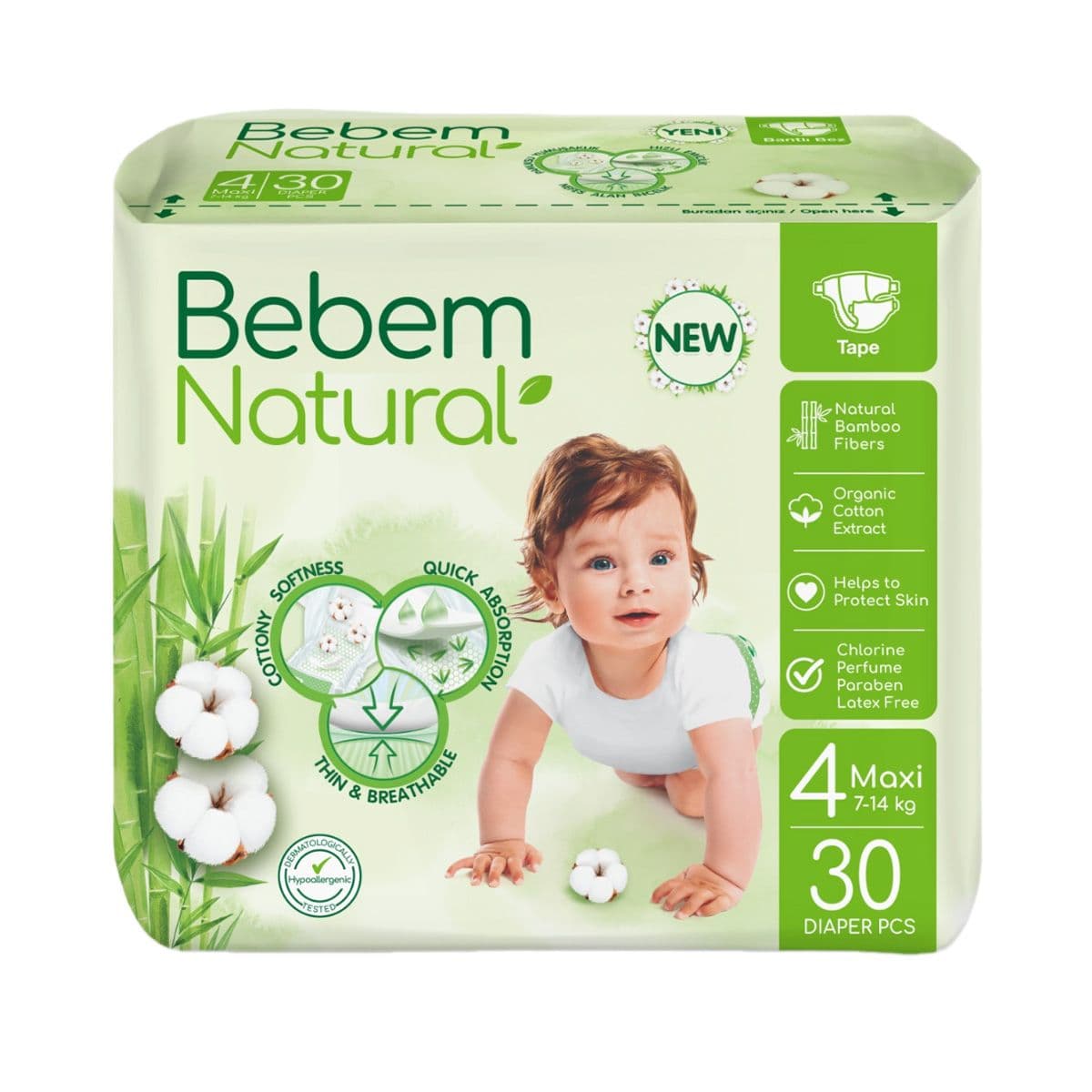ბავშვის საფენები 7-14 კგ 30 ცალი 6027 ბებემ ნეიჩერალს - Bebem Natural
