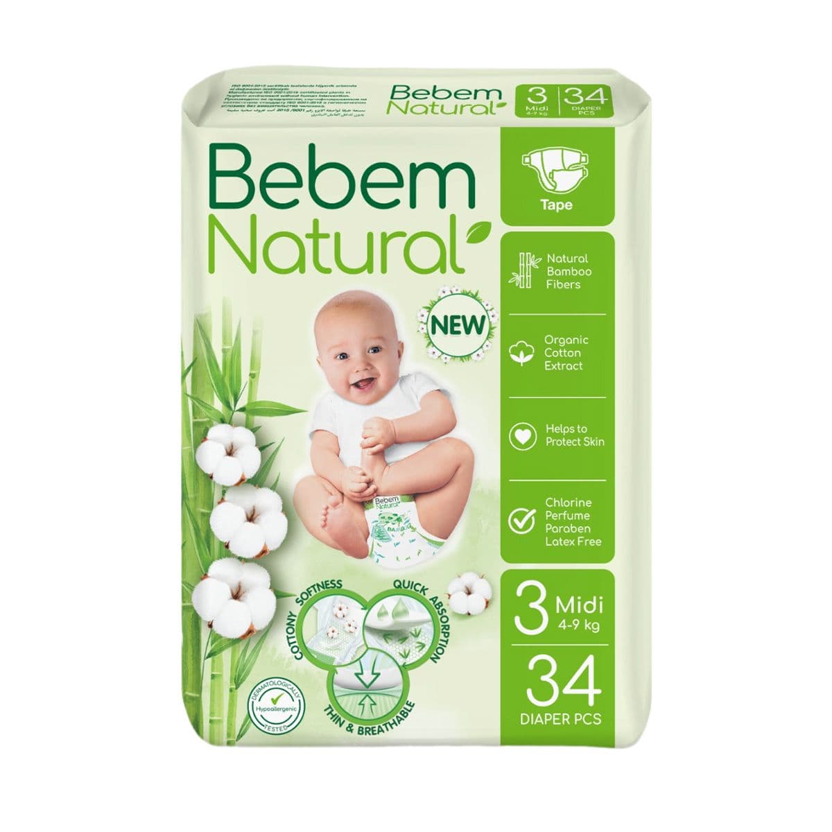 ბავშვის საფენები 4-9 კგ 34 ცალი 6010 ბებემ ნეიჩერალს - Bebem Natural