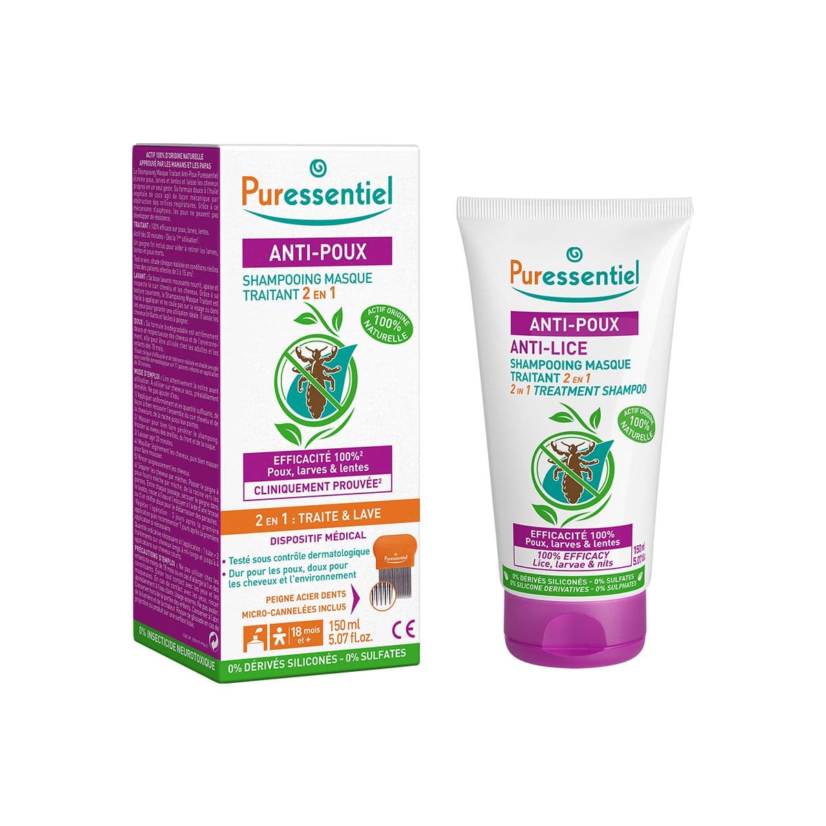 ტილების საწინააღმდეგო შამპუნი და სავარცხელი 150მლ ფიურესენშელი - Puressentiel