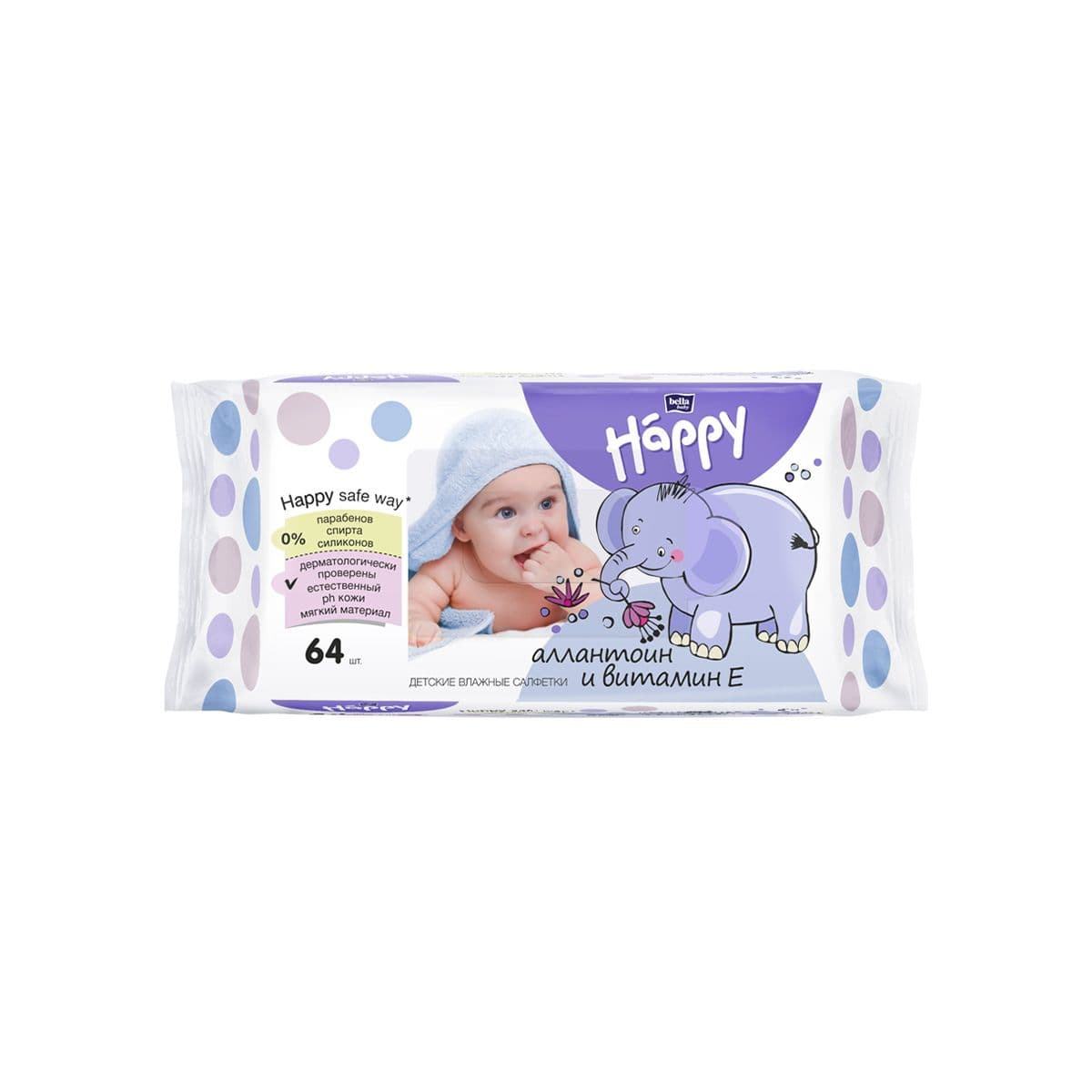 საბავშვო სველი ხელსაწმენდი E ვიტამინითა და ალანტოინით, 64 ცალი. 1120 ბელა ჰეფი - Bella Happy