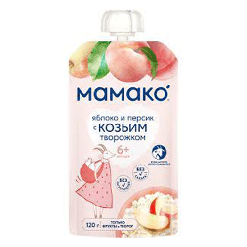 მამაკო - პაუჩი ვაშლის და ატმის თხის რძის ხაჭოთი /6თვ+/ 120გრ