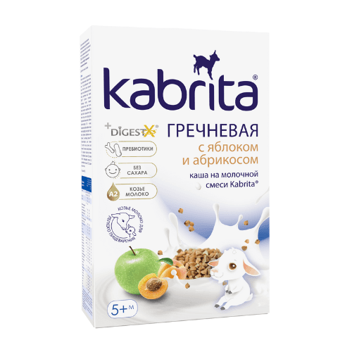 კაბრიტა - ფაფა თხის რძით. უშაქრო წიწიბურა. ვაშლი და გარგარი /5თვ+/ 180გრ