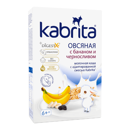კაბრიტა - ფაფა თხის რძით. უშაქრო შვრია.ბანანი და შავი ქლიავი /6თვ+/ 180გრ