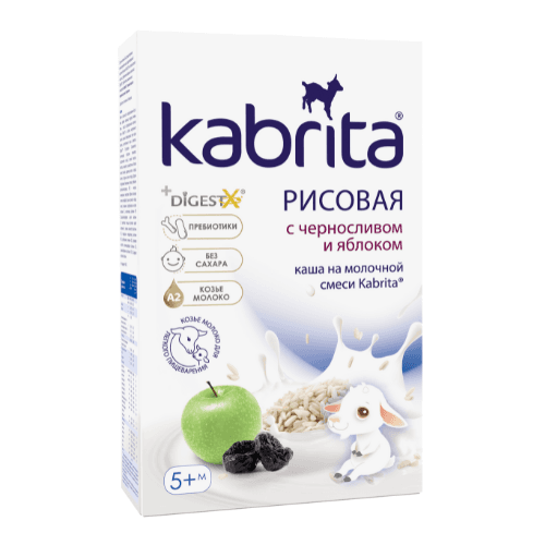 კაბრიტა - ფაფა თხის რძით ბრინჯი. უშაქრო შავი ქლიავი და ვაშლი /5თვ+/ 180გრ