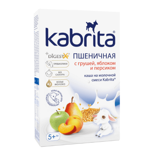 კაბრიტა - ფაფა თხის რძით ხორბლი. უშაქრო მსხლი. ვაშლი და ატმი /5თვ+/ 180გრ