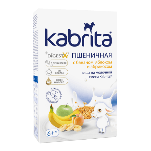 კაბრიტა - ფაფა თხის რძით ხორბლი. უშაქრო ბანანი. გარგარი და ვაშლი /6თვ+/ 180გრ