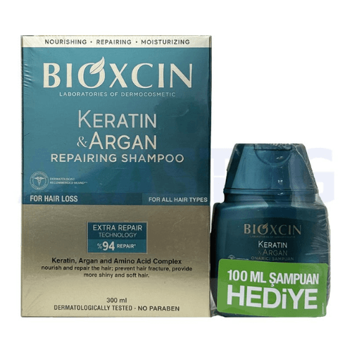 ბიოქსინი - შამპუნი კერატინი და არგანი თმის ცვენის საწინააღმდეგო. აღმდგენი ყველა ტიპის თმის 300მლ+100მლ
