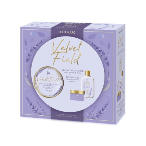 ჟან მარკი - სასაჩუქრე ნაკრები VELVET FIELD შხაპის გელი 250მლ/ტანის სკრაბი 200გრ